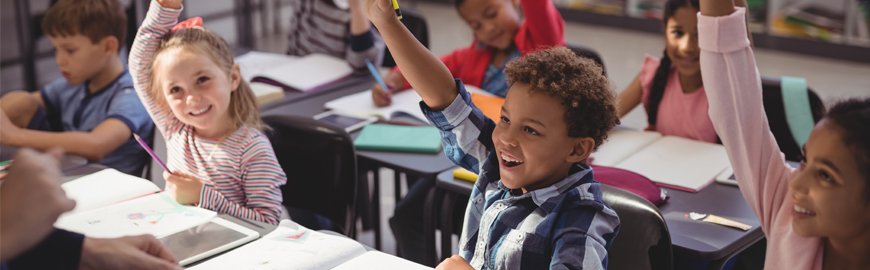 Primary age students in class raising hands to answer questions.