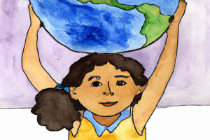 Latin girl holding globe illustration